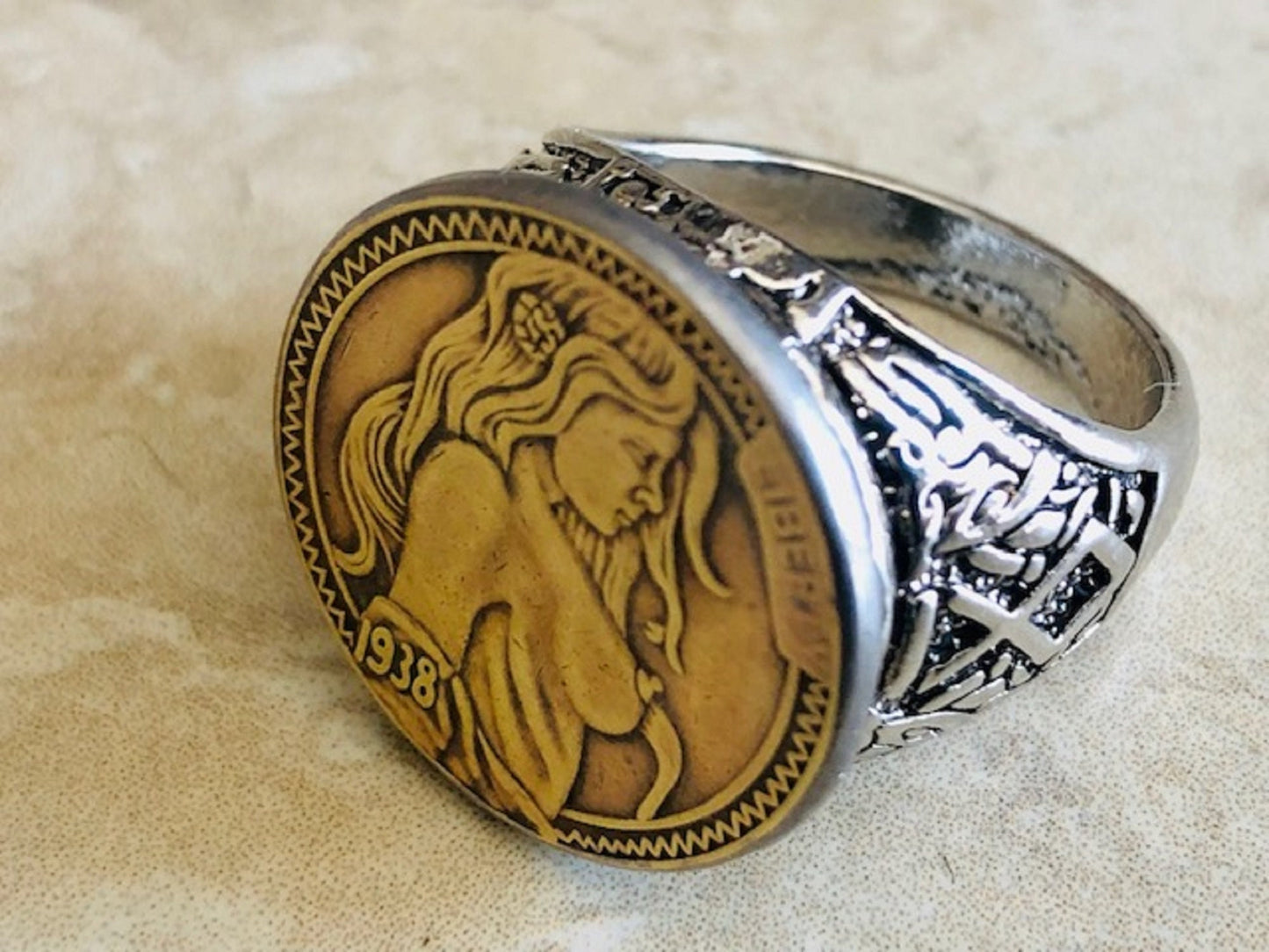 Hobo Girl Ring Sexy Woman Hobo Commemorative Nickel Coin Ring Five Cents 20th Century Art Deco, Impressionism, Modernism, Custom Handmade