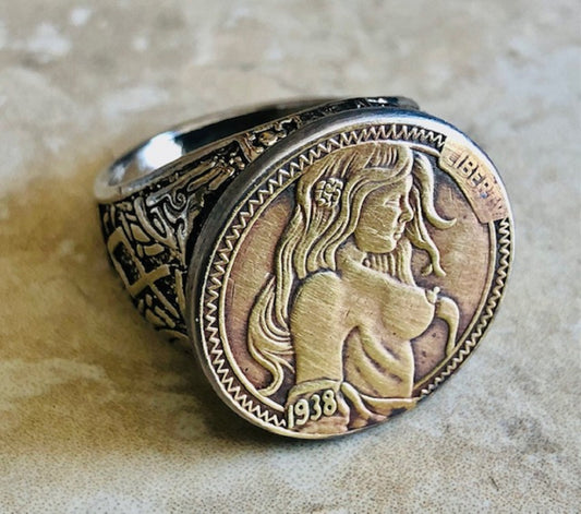 Hobo Girl Ring Sexy Woman Hobo Commemorative Nickel Coin Ring Five Cents 20th Century Art Deco, Impressionism, Modernism, Custom Handmade