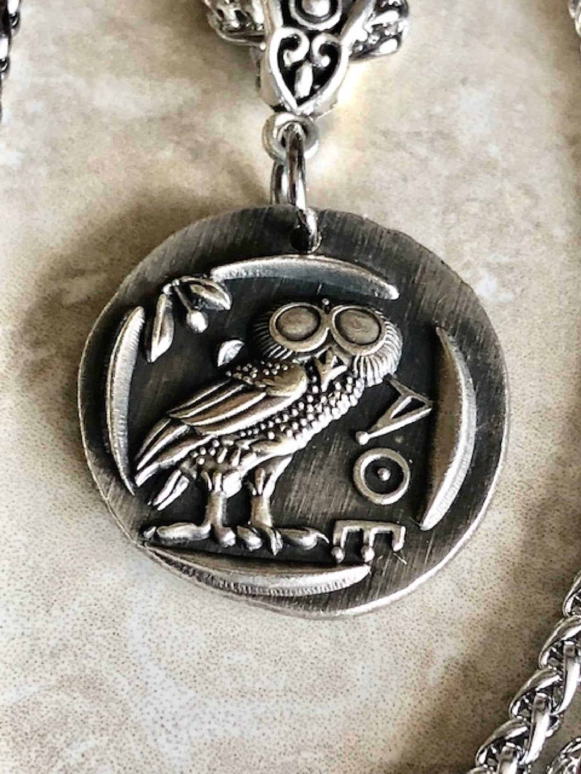 Greek Goddess Owl Pendant Antique Necklace, Prudence, Wisdom, Strength, and Wit, Wax Seal, Handmade