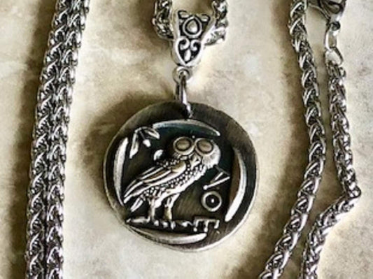 Greek Goddess Owl Pendant Antique Necklace, Prudence, Wisdom, Strength, and Wit, Wax Seal, Handmade