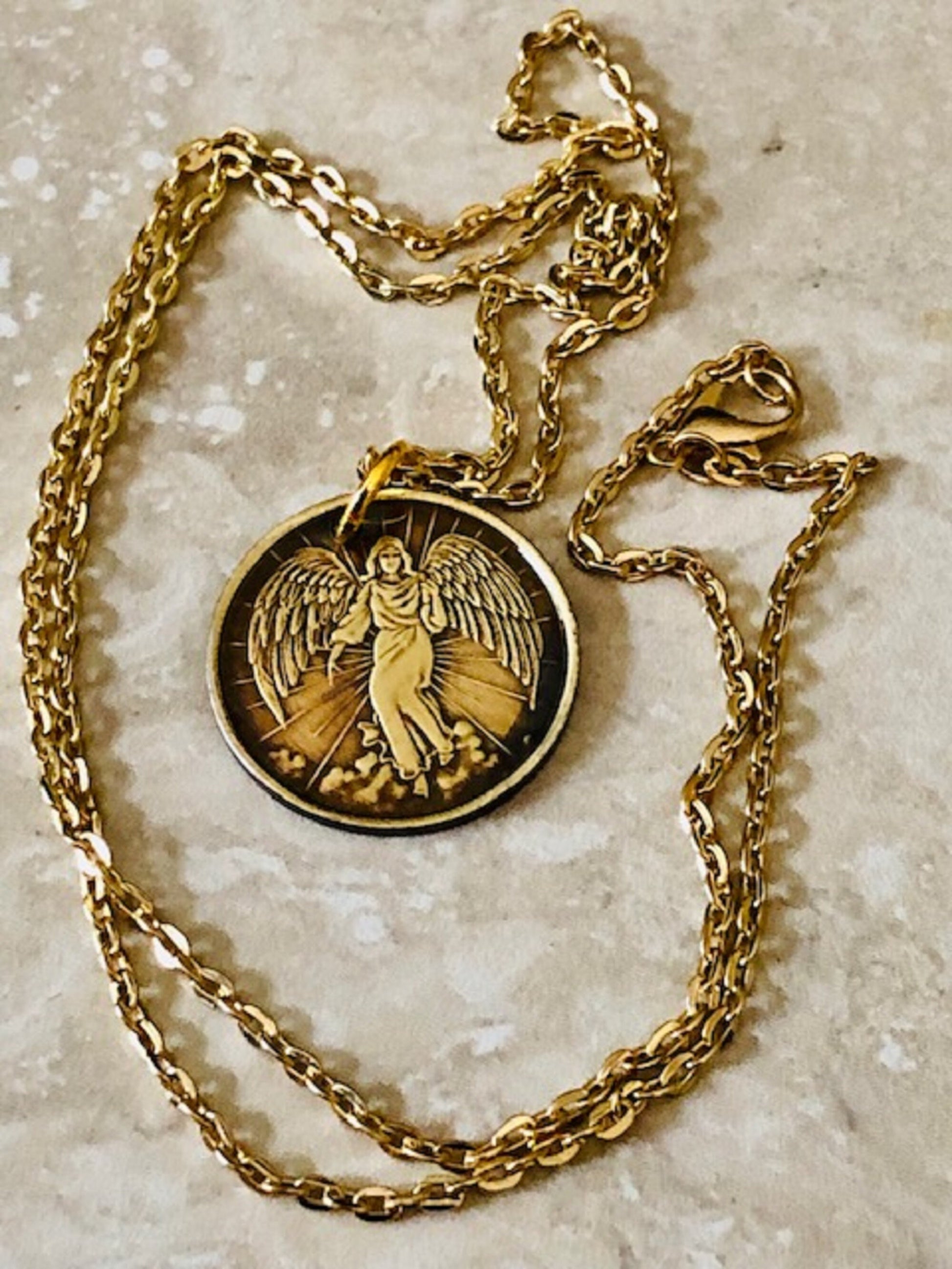 Guardian Angel Token Coin Necklace Jewelry Pendant Vintage Personal Handmade Jewelry Gift Friend Charm For Him Her World Coin Collector