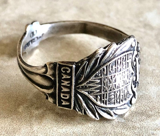 Canada Crest 925 Sterling Silver Spoon Ring, Classic Vintage Silverware Jewelry, Crest Symbols, Canadian Province, Art Deco Ring, Adjustable