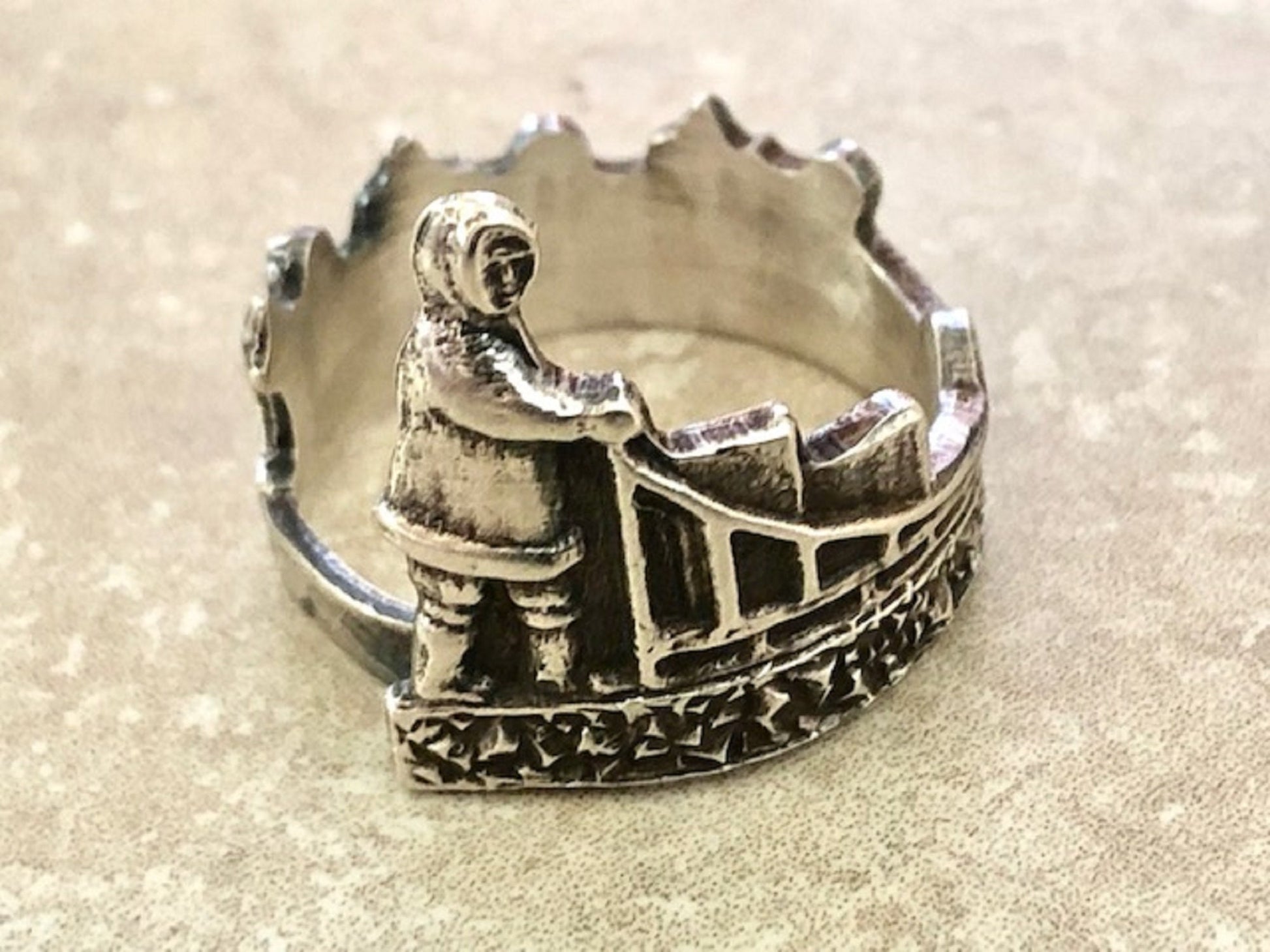 Inuit Peoples 925 Sterling Silver Dogsled Qamutiik Spoon Ring, Classic Vintage Silverware Jewelry, Band Wrapped Spoon, Adjustable Handmade