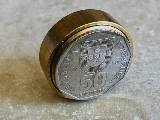 Portugal Coin Pillbox Portuguese 50 Escudos Vintage Antique Stash Snuff Box, Tobacco Box, Keepsake, Men's Gift Jewelry World Coin Collector