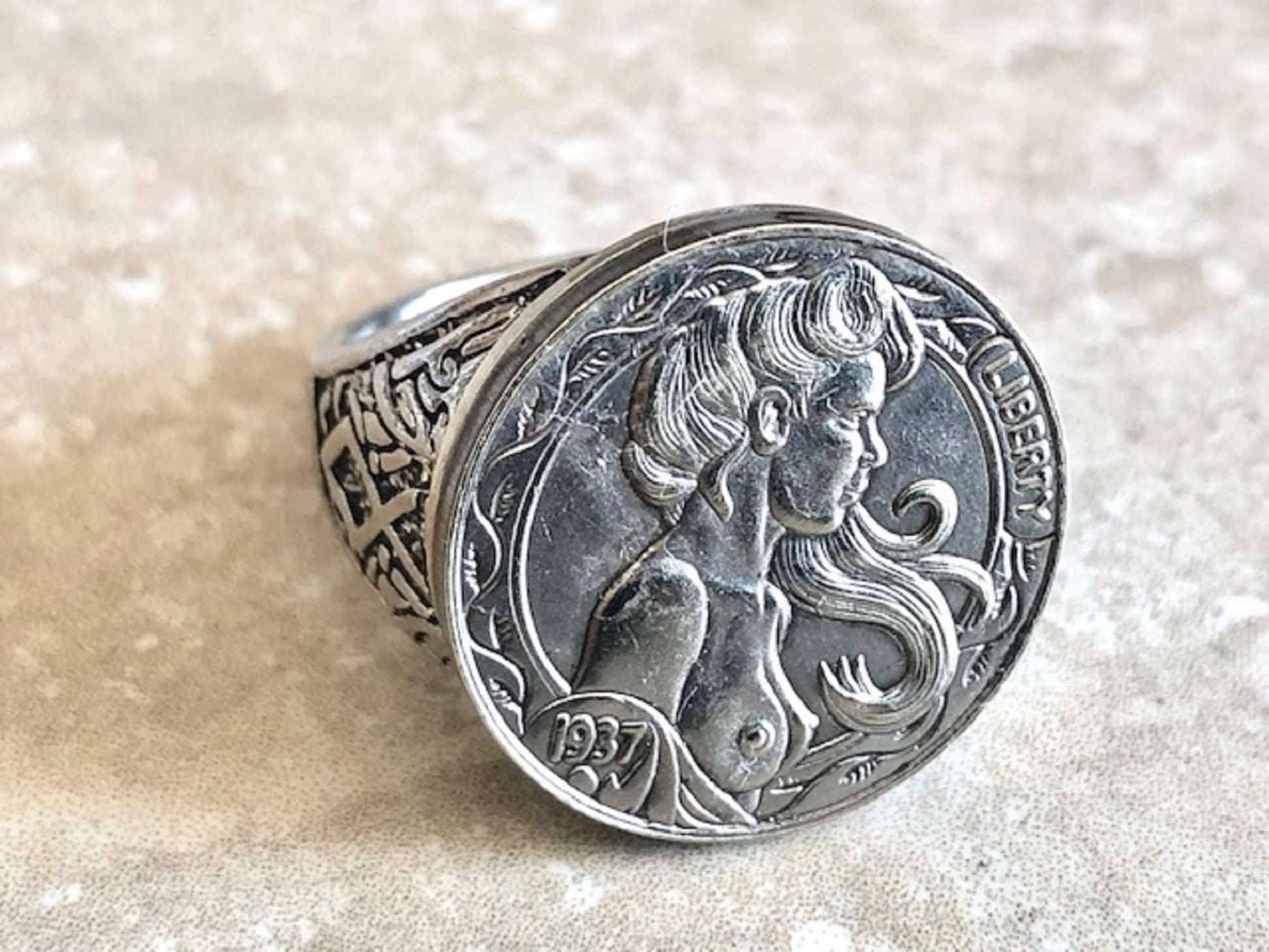 Hobo Girl Ring Stainless Steel Hobo Commemorative Nickel Coin Five Cents 20th Century Art Deco, Impressionism, Modernism, Custom Handmade