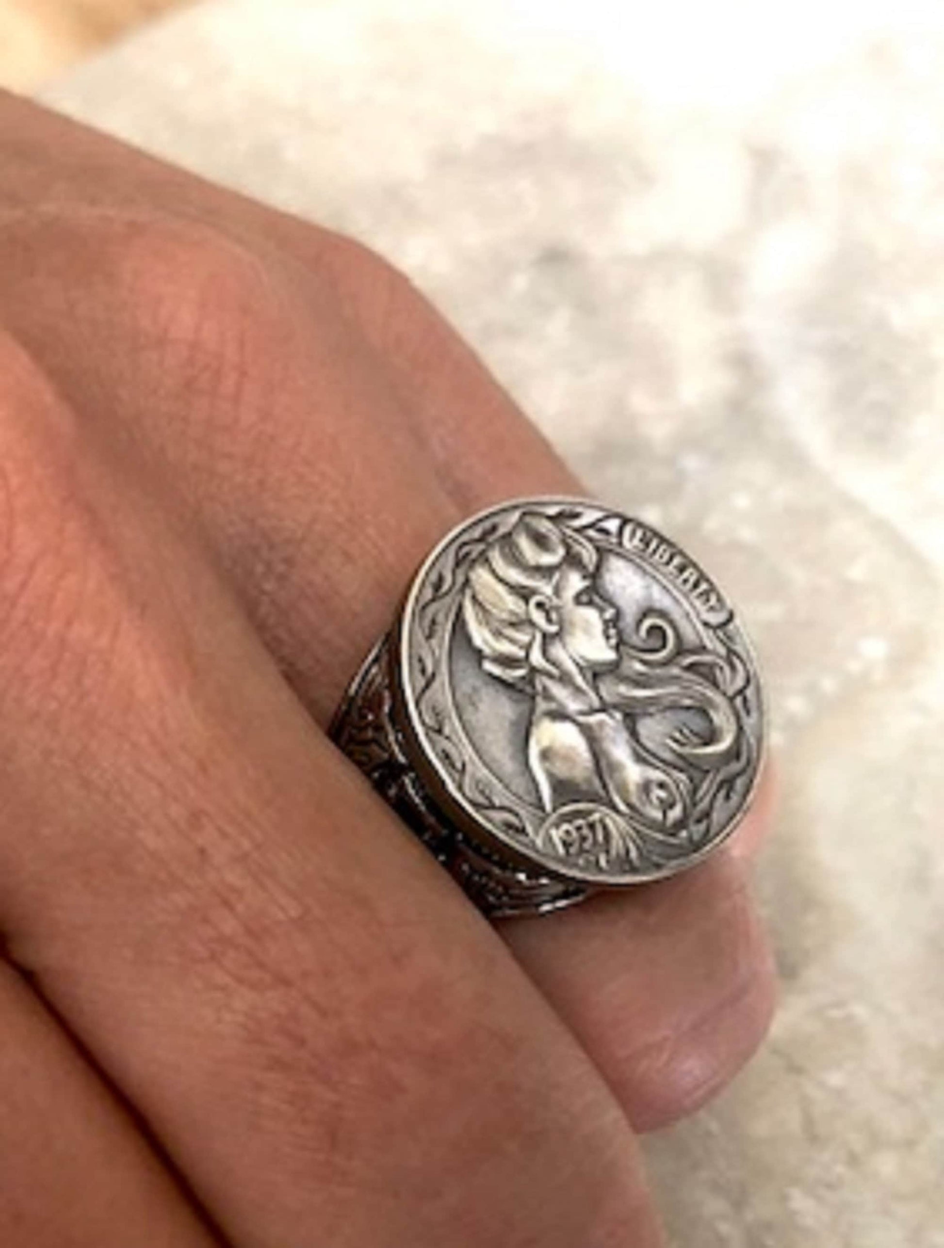 Hobo Girl Ring Stainless Steel Hobo Commemorative Nickel Coin Five Cents 20th Century Art Deco, Impressionism, Modernism, Custom Handmade