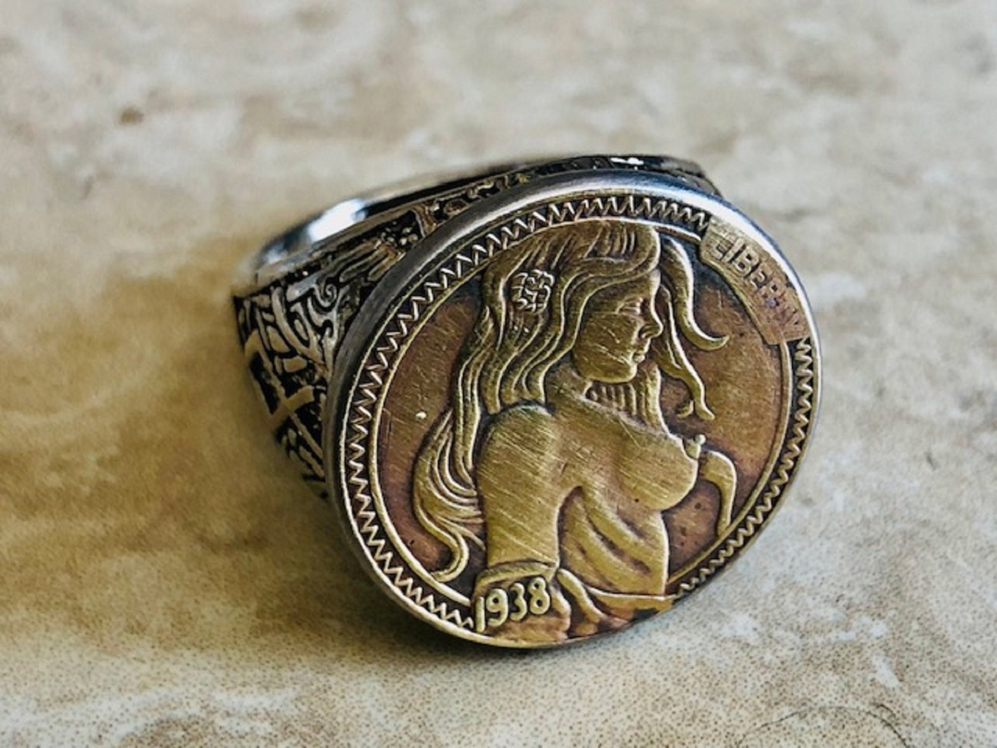 Hobo Girl Ring Sexy Woman Hobo Commemorative Nickel Coin Ring Five Cents 20th Century Art Deco, Impressionism, Modernism, Custom Handmade