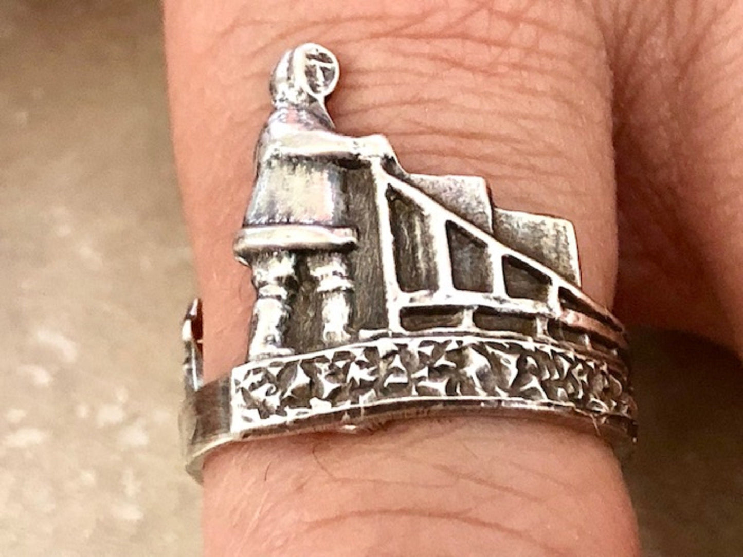 Inuit Peoples 925 Sterling Silver Dogsled Qamutiik Spoon Ring, Classic Vintage Silverware Jewelry, Band Wrapped Spoon, Adjustable Handmade