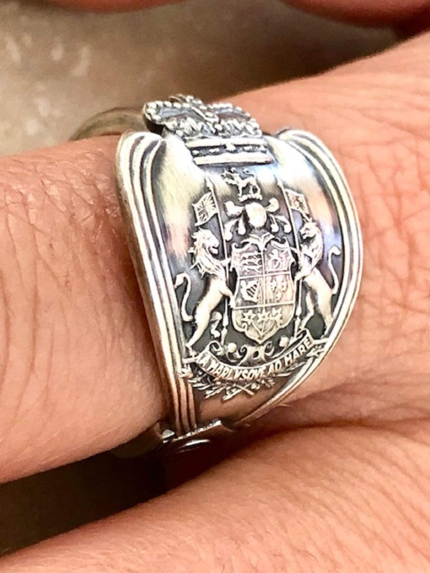 Canada’s 925 Sterling Silver Coat of Arms Ring, Classic Vintage Silverware Jewelry, "Sea to Sea", League of Nations, Adjustable Handmade