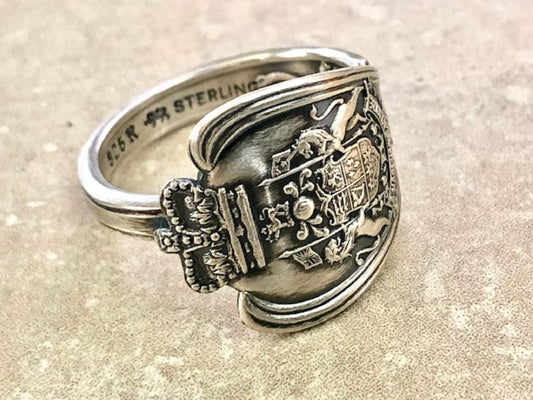 Canada’s 925 Sterling Silver Coat of Arms Ring, Classic Vintage Silverware Jewelry, "Sea to Sea", League of Nations, Adjustable Handmade