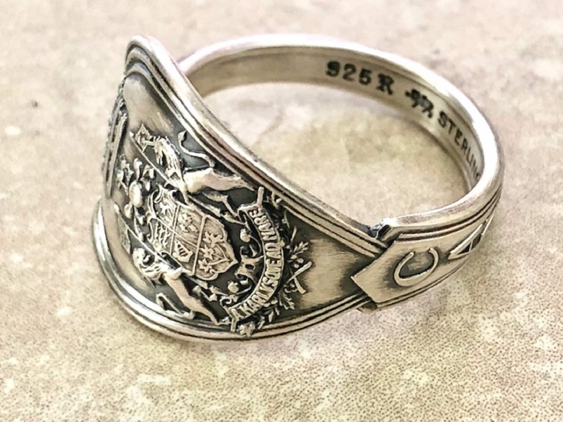 Canada’s 925 Sterling Silver Coat of Arms Ring, Classic Vintage Silverware Jewelry, "Sea to Sea", League of Nations, Adjustable Handmade