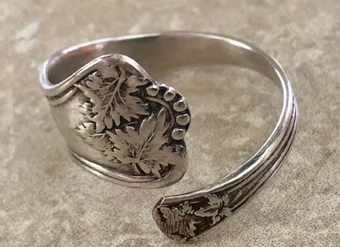 Victorian 925 Sterling Silver Triple Maple Leaf Spoon Ring, Classic Vintage Silverware Jewelry, Art Deco Ring, Spiral, Adjustable Handmade
