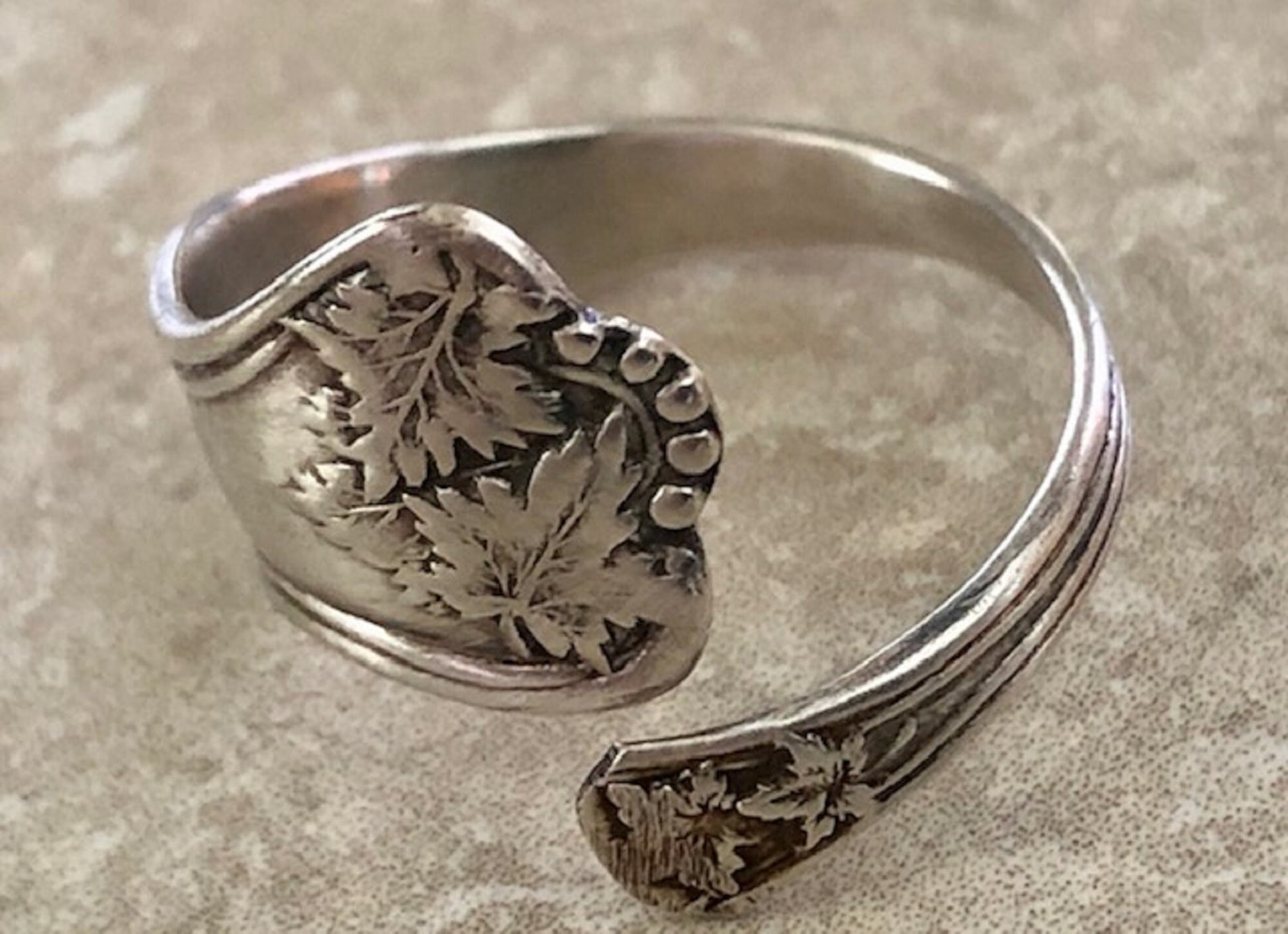 Victorian 925 Sterling Silver Triple Maple Leaf Spoon Ring, Classic Vintage Silverware Jewelry, Art Deco Ring, Spiral, Adjustable Handmade