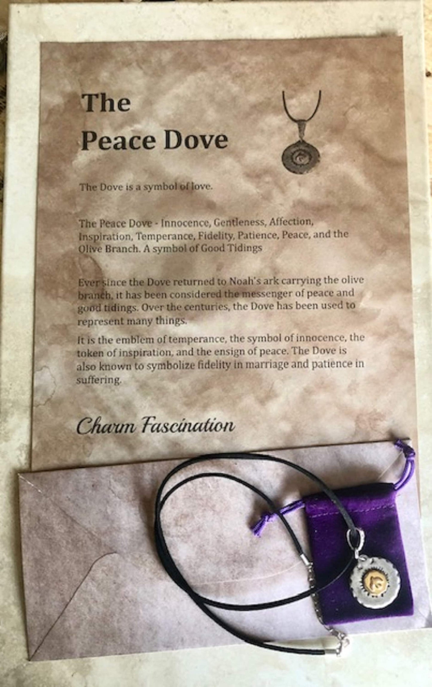 Peace Dove Messenger Pendant Necklace, Purity, Gentleness, Devotion, Beauty, Peace, Olive Branch, Innocence Affection, Inspiration, Handmade
