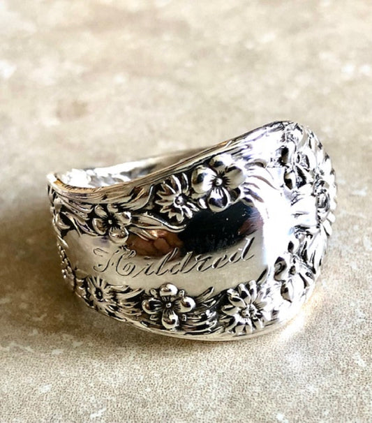 Sunflower Hildred Engraved 925 Sterling Silver Spoon Ring, Vintage Silverware Jewelry, Adoration, Loyalty, Commitment, Unconditional Love