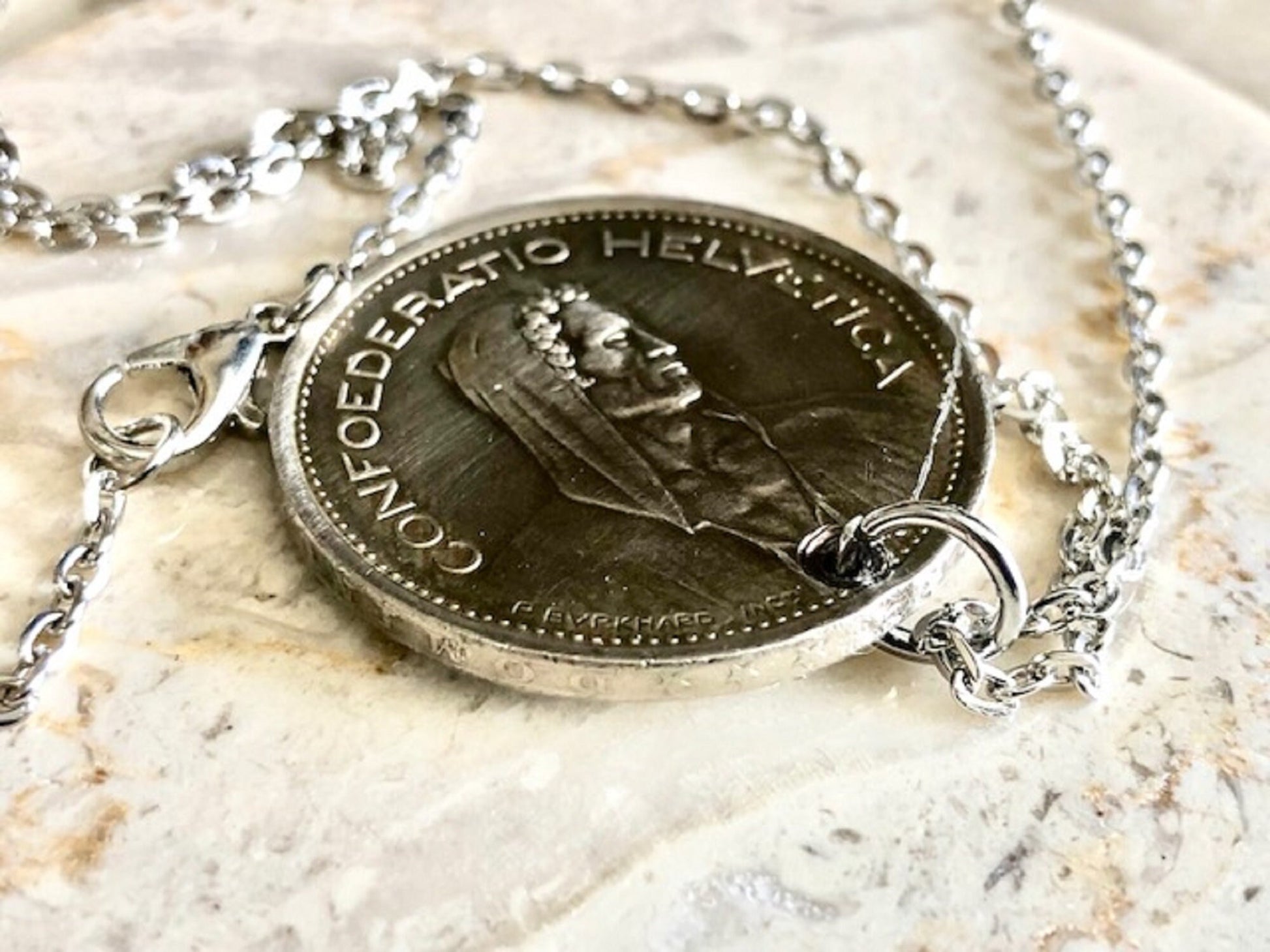 Switzerland Pendant Necklace Swiss 5 Franc Coin Personal Old Vintage Handmade Jewelry Gift Friend Charm For Him Her World Coin Collector