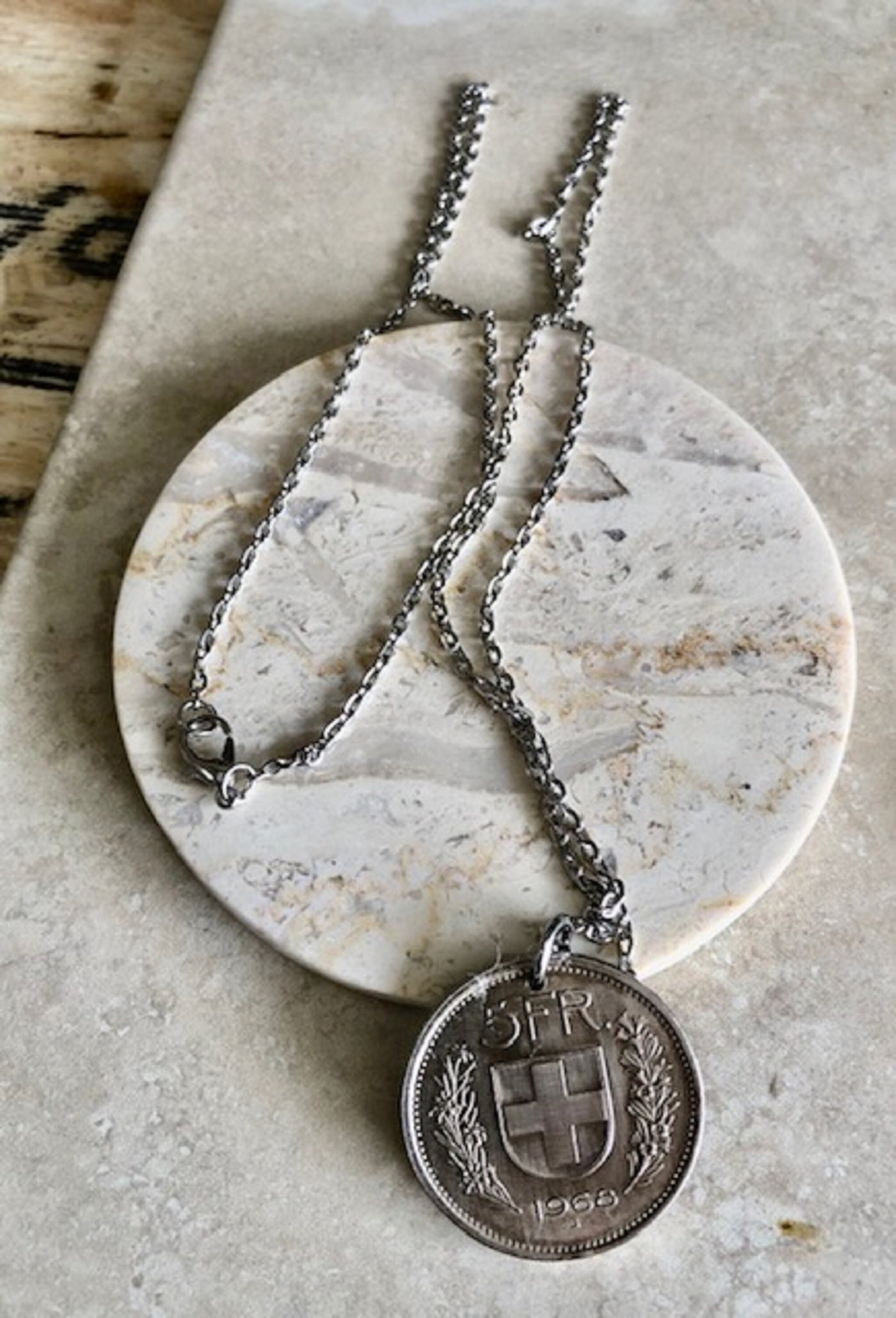 Switzerland Pendant Necklace Swiss 5 Franc Coin Personal Old Vintage Handmade Jewelry Gift Friend Charm For Him Her World Coin Collector
