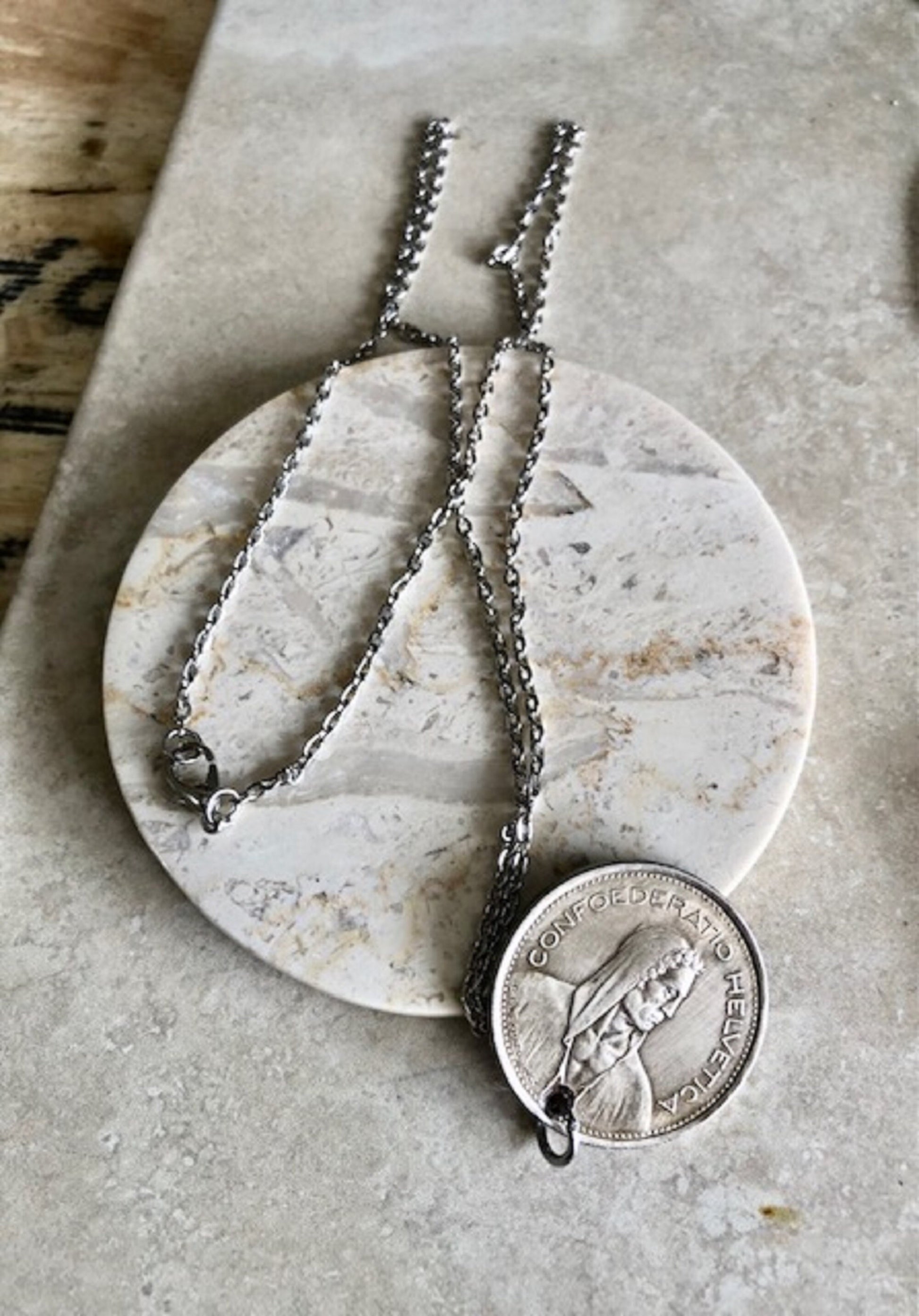 Switzerland Pendant Necklace Swiss 5 Franc Coin Personal Old Vintage Handmade Jewelry Gift Friend Charm For Him Her World Coin Collector