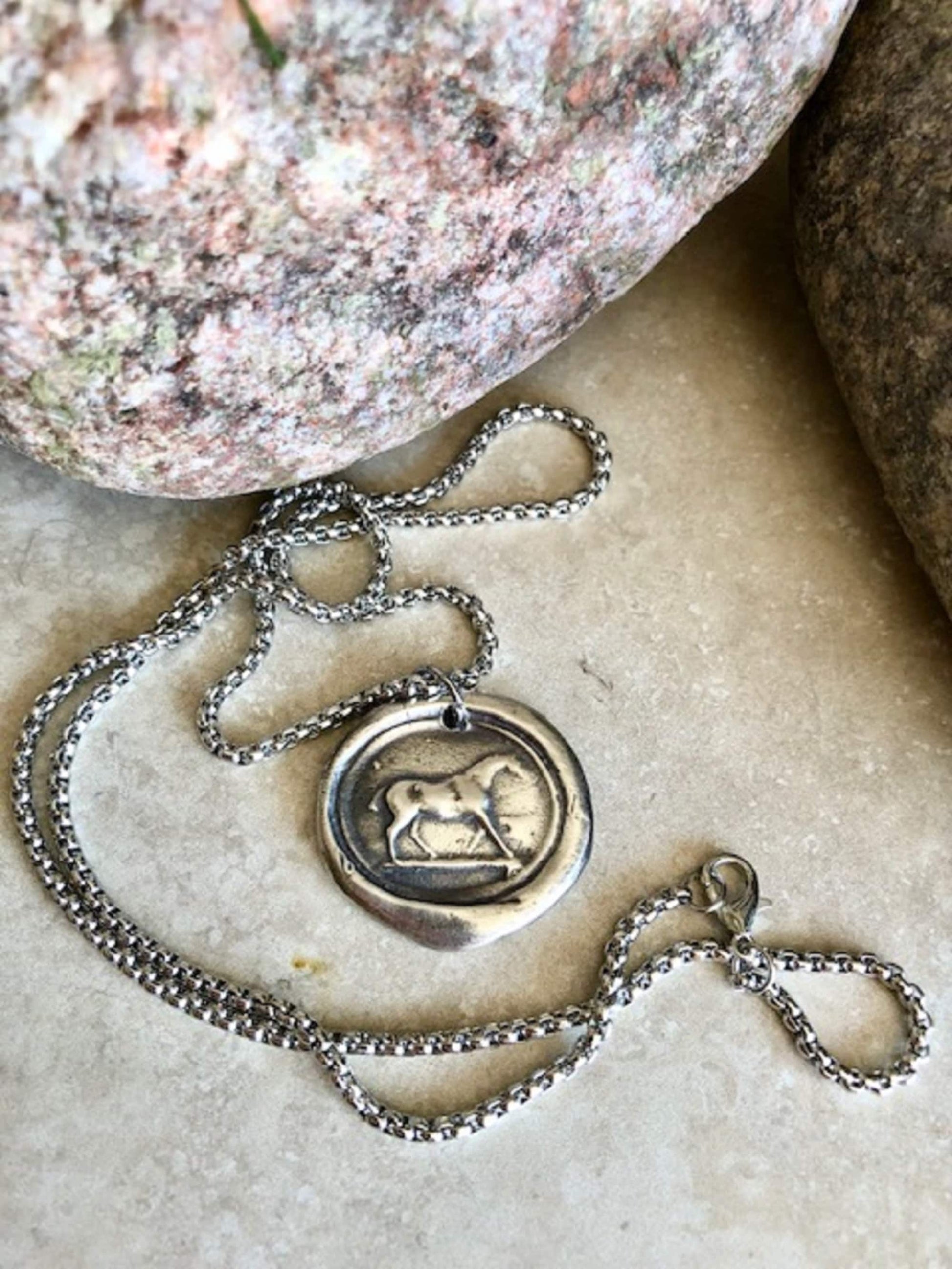 Blest Horse Silver Pendant Necklace - Protection and Luck - Jewelry From an Antique Silver Wax Seal - Jewelry From Charm Fascinations 110