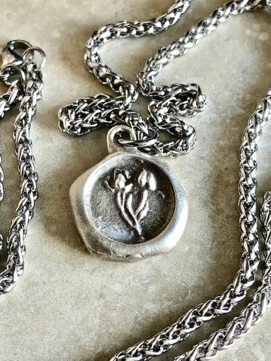 Silver Wax Seal Apple Blossom Flower - I prefer you Over All Pendant Necklace Depend on Each Other - Love, Passion, Chosen One - 105