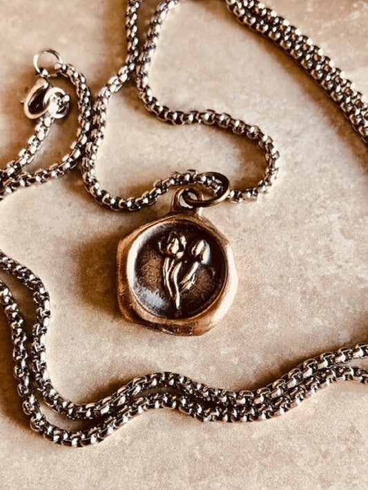 Bronze Apple Blossom Flower - I prefer you Over All Pendant Necklace Depend on Each Other - Love, Passion, Chosen One - Wax Seal 105