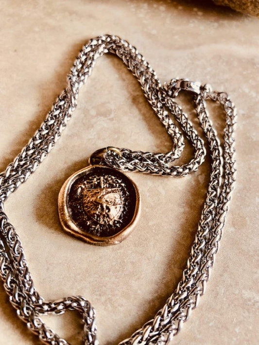 Bronze Dragon's Crest Necklace- Guardianship and Protection Antique Wax Seal – Warrior Spirit, See Clearly, Good Fortune, Bronze Pendant 106