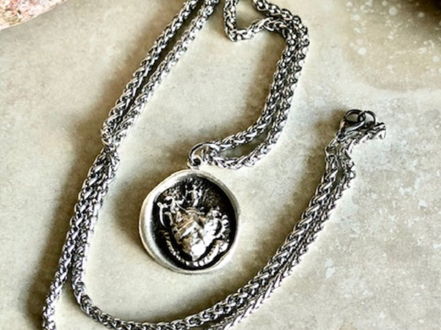 Silver Wax Seal Mermaids Crest Necklace Pendant–Seafarers–Sea- Balance - I have fought and conquered Antique Jewelry Charm Fascinations 103