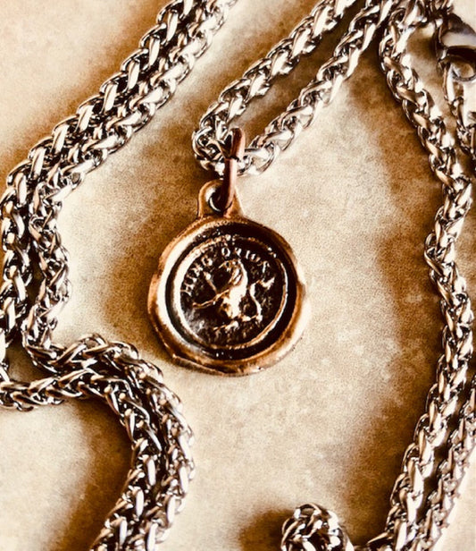 Bronze Wax Seal Lion From Here I Rise Necklace Pendant - Courage, Nobility, Royalty, Strength, and Valor Jewelry From An Antique Charm 104