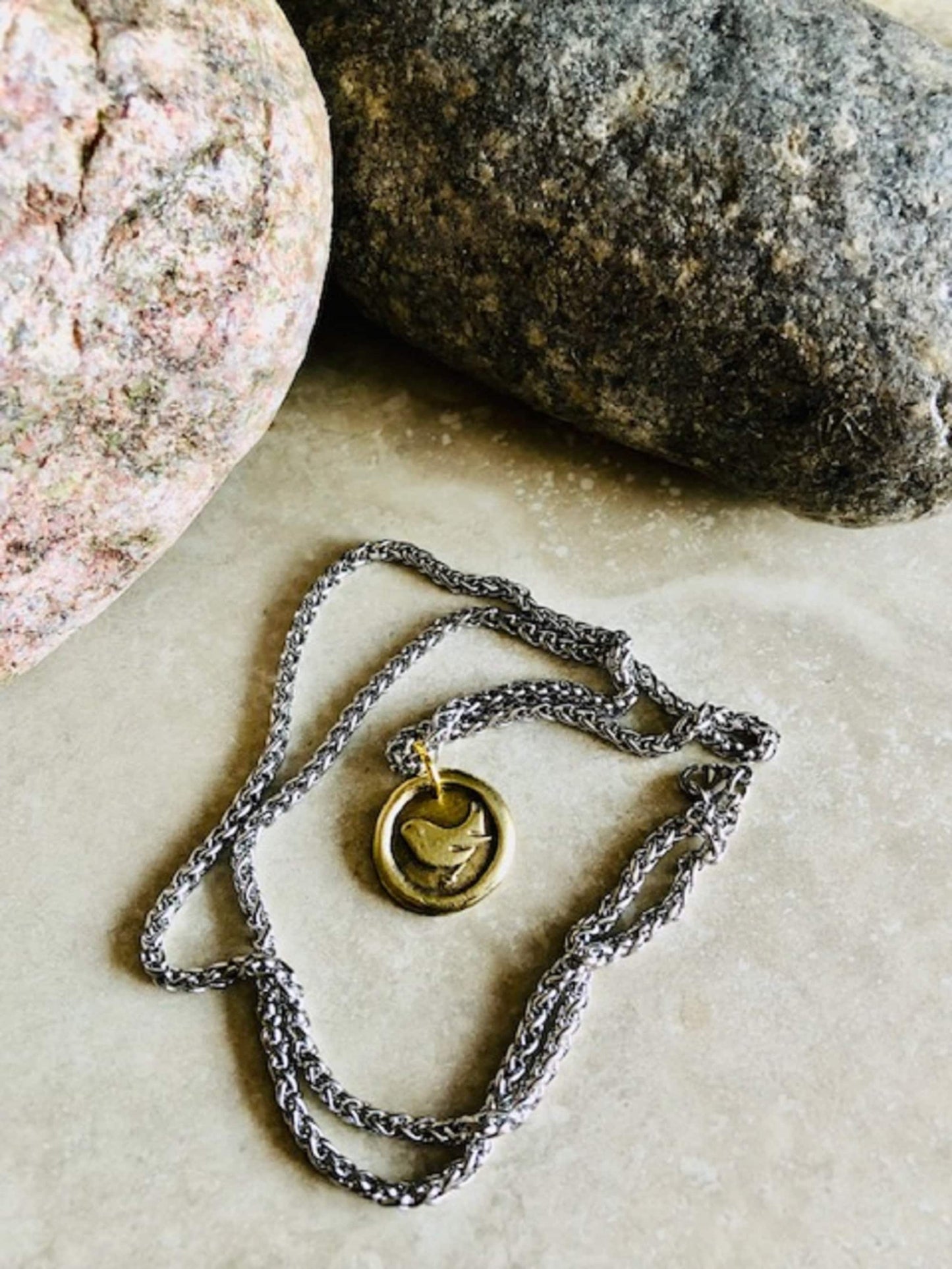 Brass Wren Pendant Necklace - Trust Wings, Strength, Will Power, Determination, Never Give Up, Success - Made From An Antique Wax Seal, 116