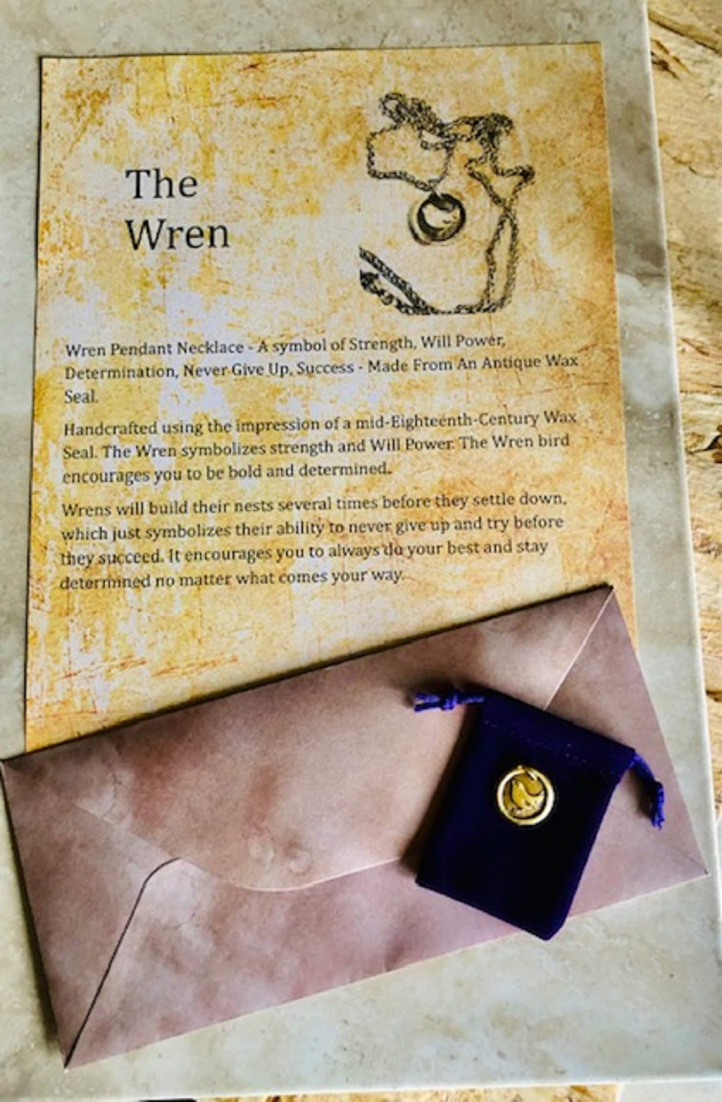 Brass Wren Pendant Necklace - Trust Wings, Strength, Will Power, Determination, Never Give Up, Success - Made From An Antique Wax Seal, 116