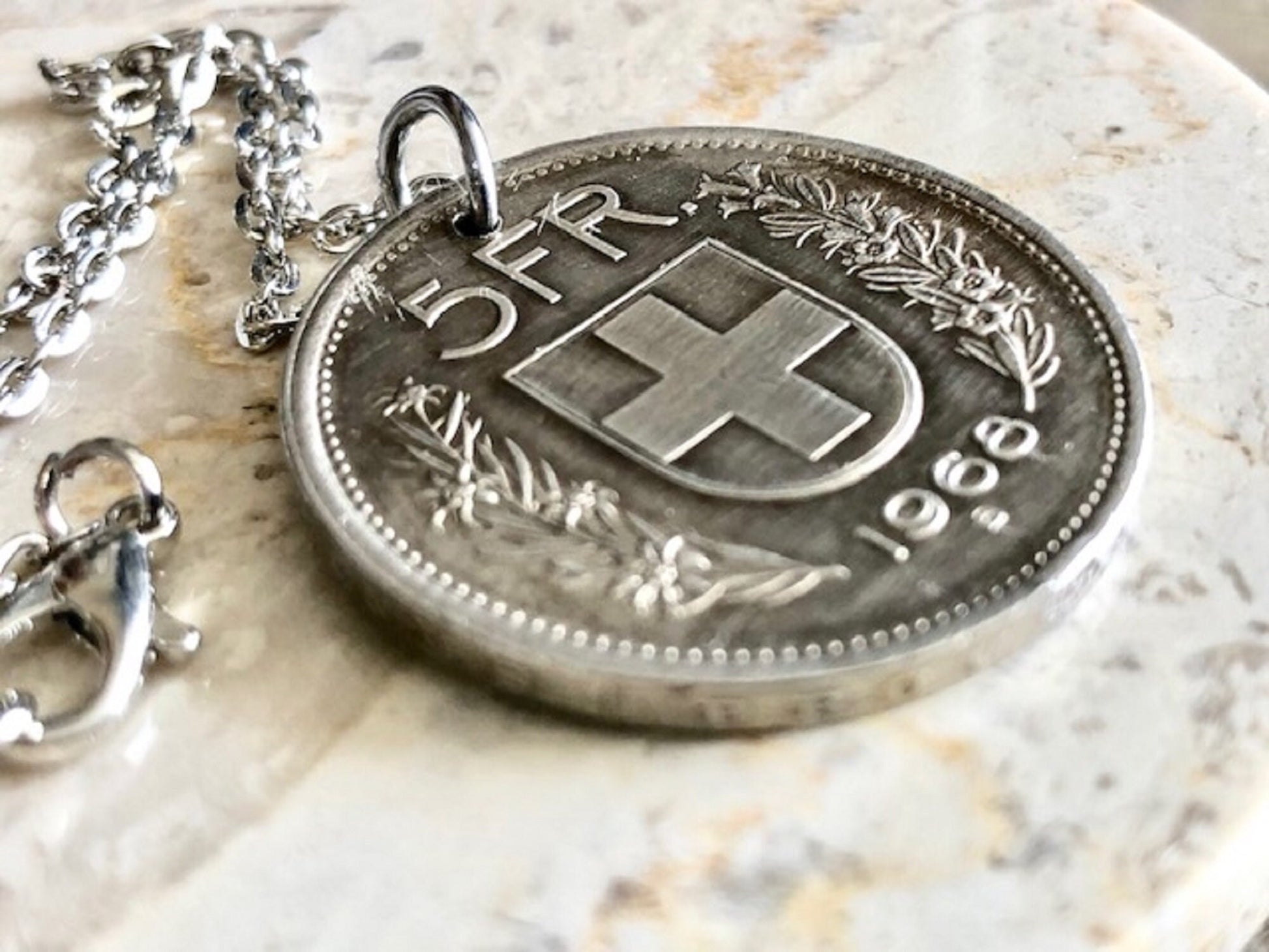Switzerland Pendant Necklace Swiss 5 Franc Coin Personal Old Vintage Handmade Jewelry Gift Friend Charm For Him Her World Coin Collector