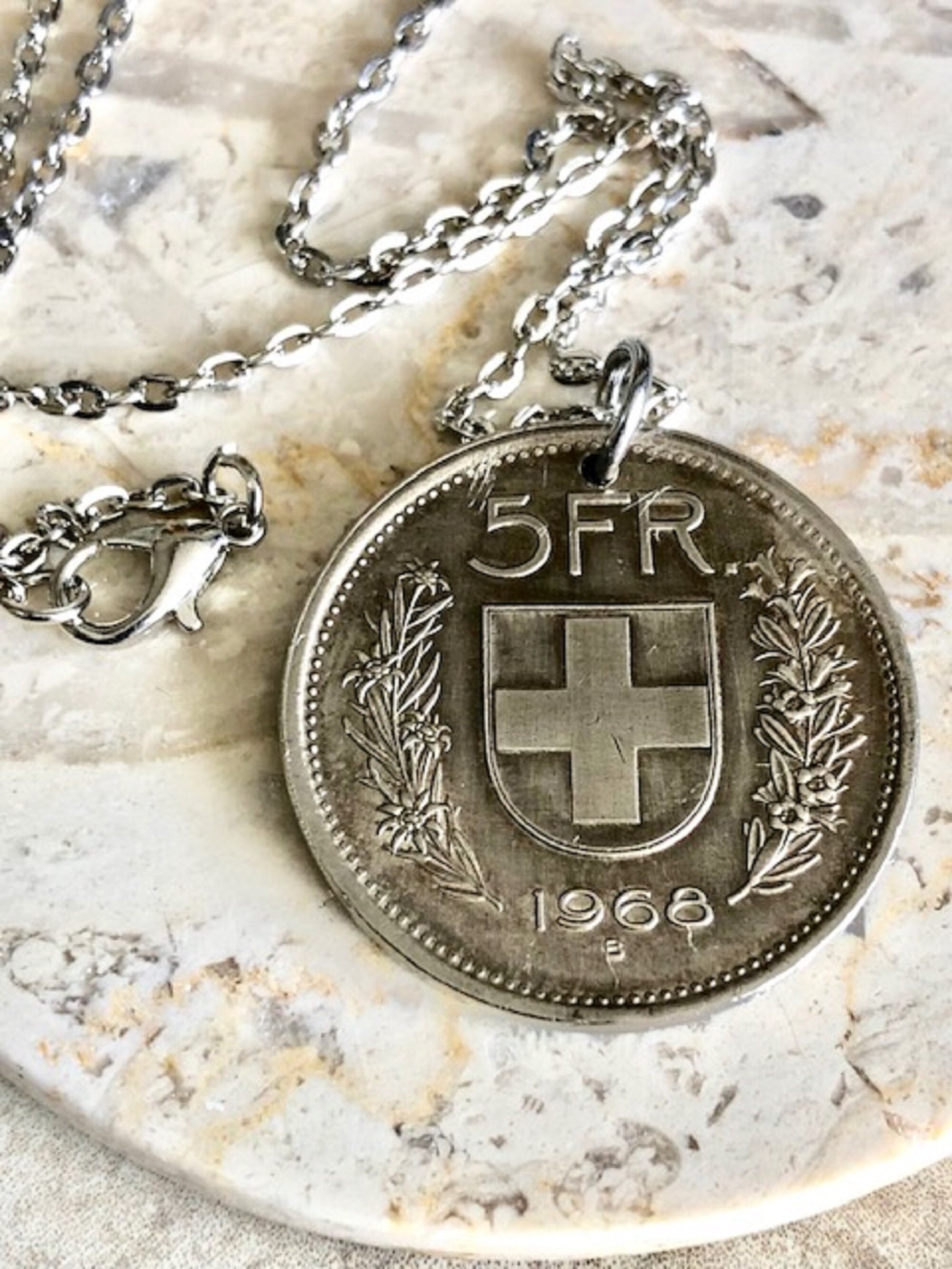 Switzerland Pendant Necklace Swiss 5 Franc Coin Personal Old Vintage Handmade Jewelry Gift Friend Charm For Him Her World Coin Collector