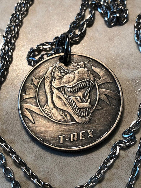 T Rex Necklace Token Pendant Coin Vintage Custom Made Rare Coins Coin Enthusiast Handmade Fashion Accessory