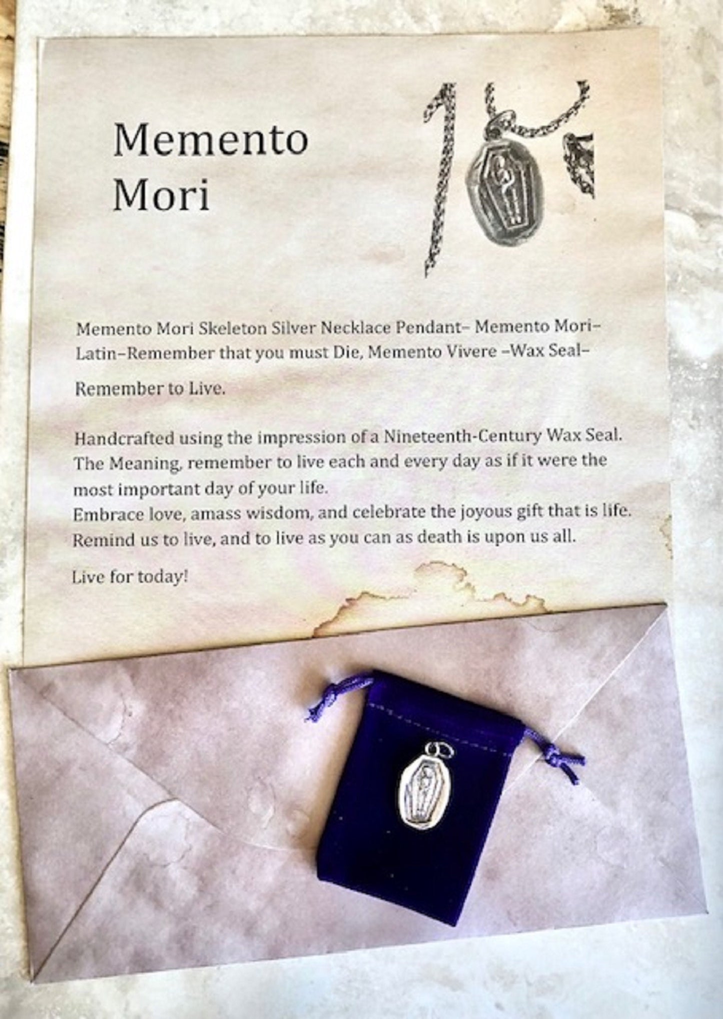 Memento Mori Skeleton Silver Necklace Pendant– Memento Mori–Latin–Remember that you must Die, Memento Vivere –Wax Seal– Remember to Live 113