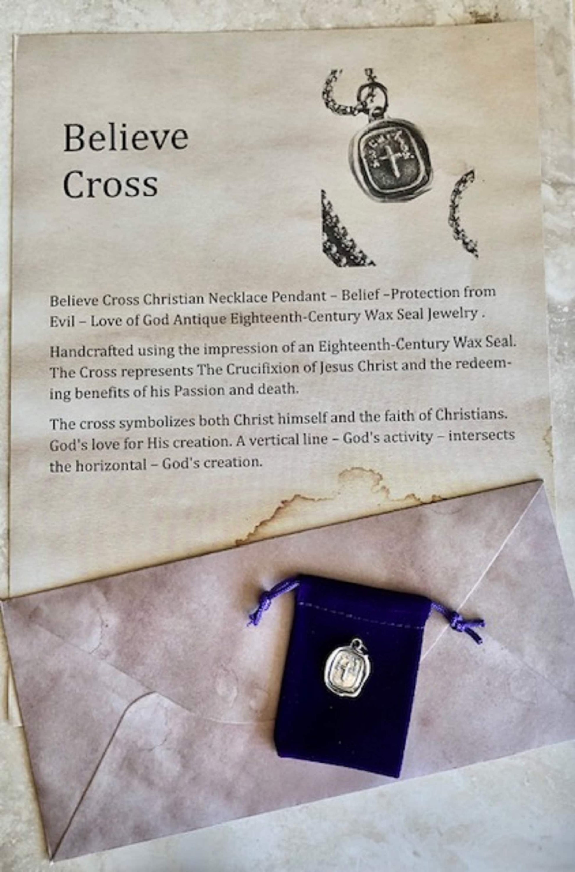 Silver Believe Cross Christian Necklace Pendant – Belief –Protection from Evil – Love of God Antique Eighteenth-Century Wax Seal Jewelry 117