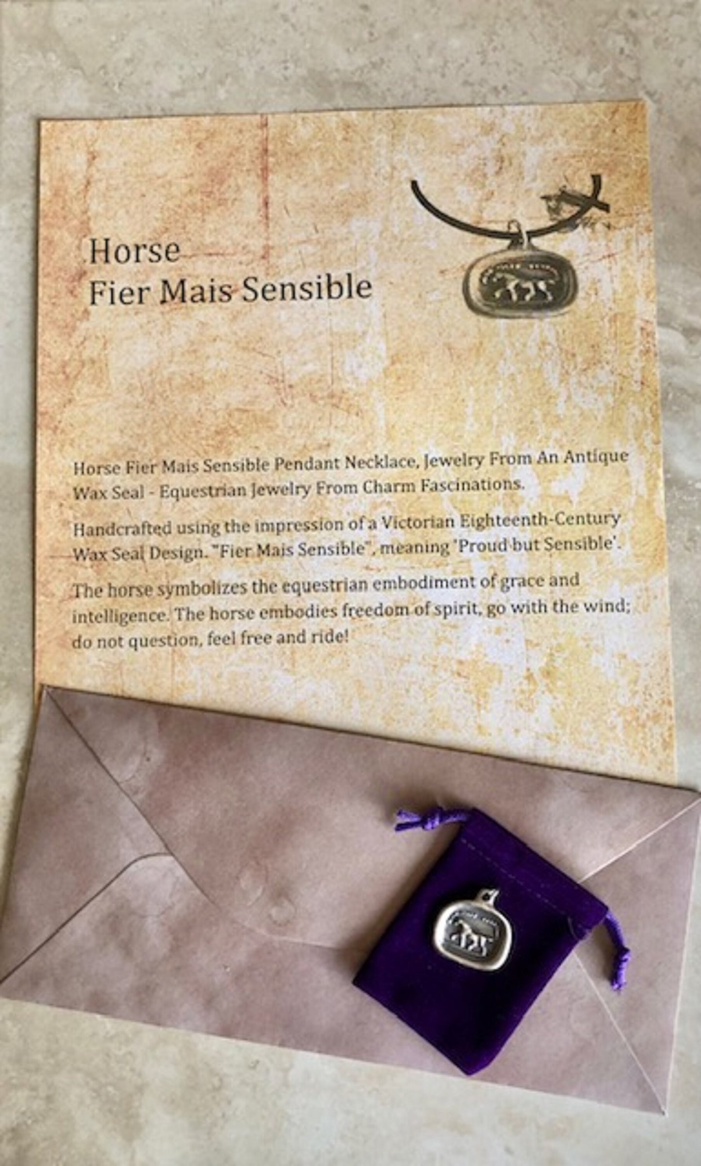 Silver Horse Fier Mais Sensible Pendant Necklace, Jewelry From An Antique Wax Seal - Equestrian Silver, Jewelry From Charm Fascinations 107