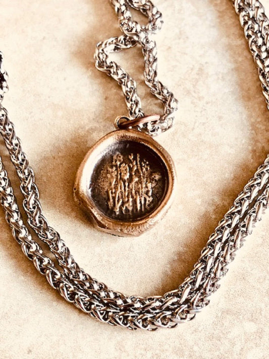 Bronze Wild Flowers Pendant Necklace- Joy, Freedom, Run Wild, Free Spirit- Jewelry From An Antique Wax Seal- From Charm Fascinations 102