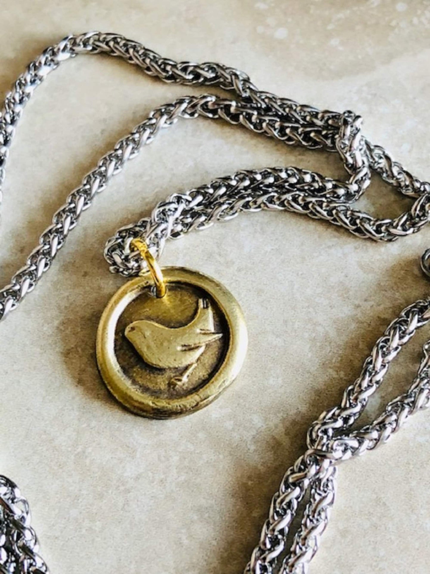 Brass Wren Pendant Necklace - Trust Wings, Strength, Will Power, Determination, Never Give Up, Success - Made From An Antique Wax Seal, 116