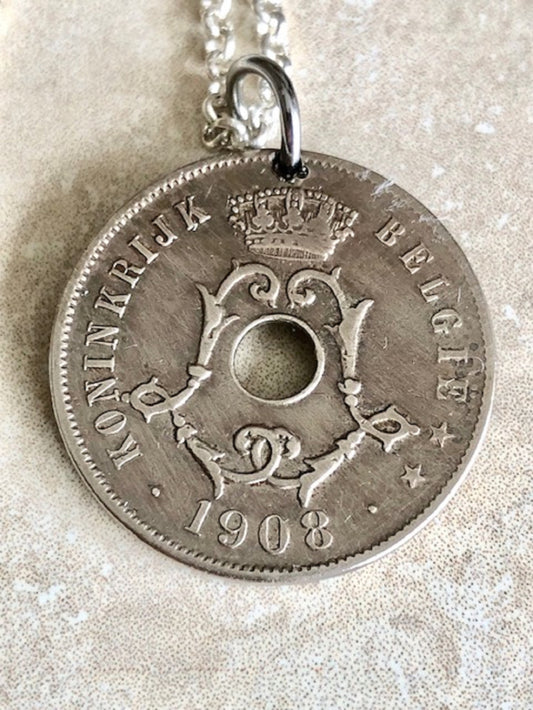 Belgium Coin Pendant Necklace Belgian 25 Centimes Crown Personal Vintage Handmade Jewelry Gift Friend Charm For Him Her World Coin Collector