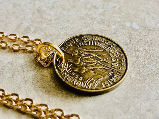 Cameroon Coin Necklace Cameroun Pendant 5 Francs Personal Old Vintage Handmade Jewelry Gift Friend Charm For Him Her World Coin Collector