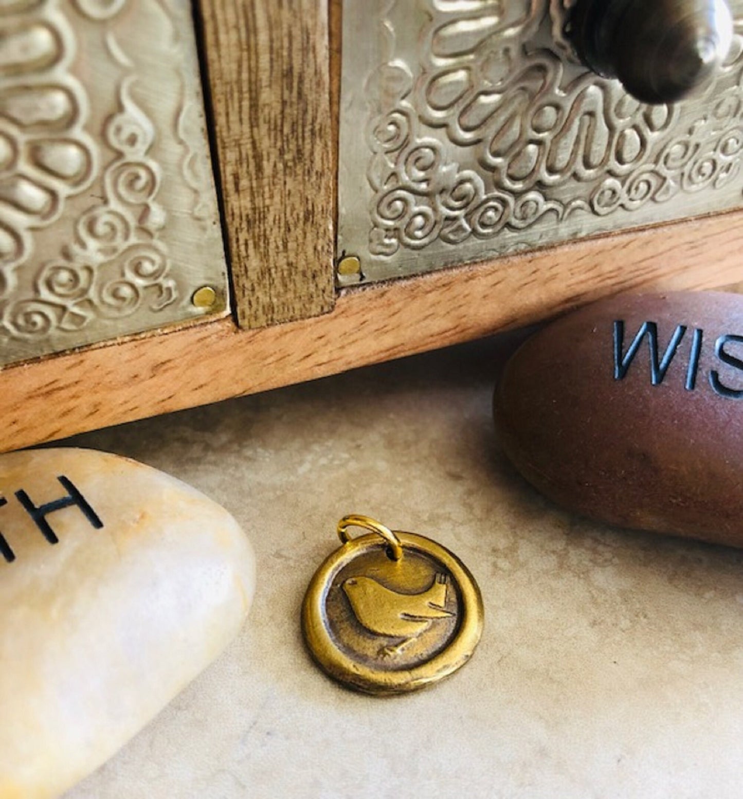 Brass Wren Pendant Necklace - Trust Wings, Strength, Will Power, Determination, Never Give Up, Success - Made From An Antique Wax Seal, 116