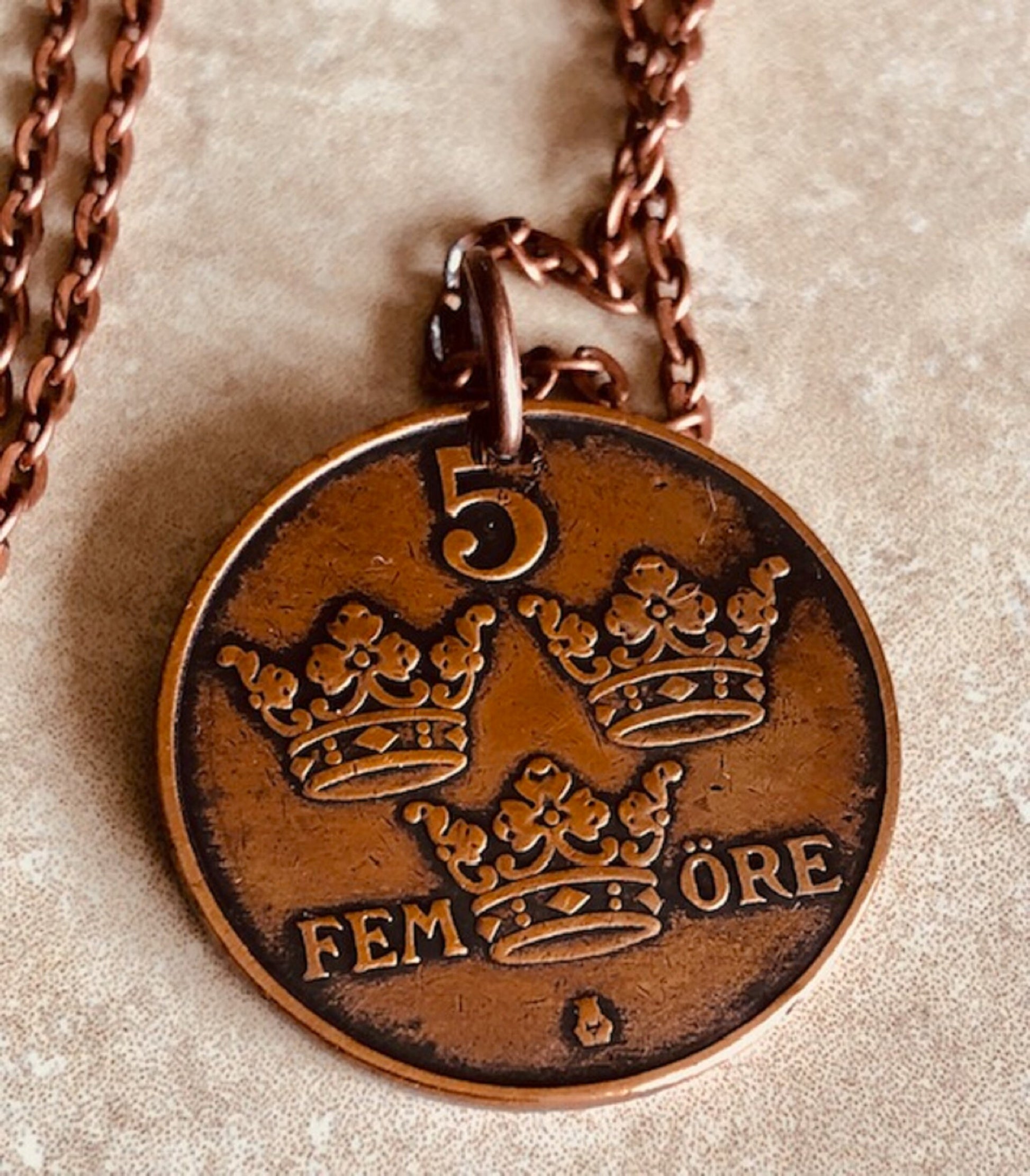 Sweden 5 Ore Coin Necklace Swedish Gustaf Pendant Personal Old Vintage Handmade Jewelry Gift Friend Charm For Him Her World Coin Collector