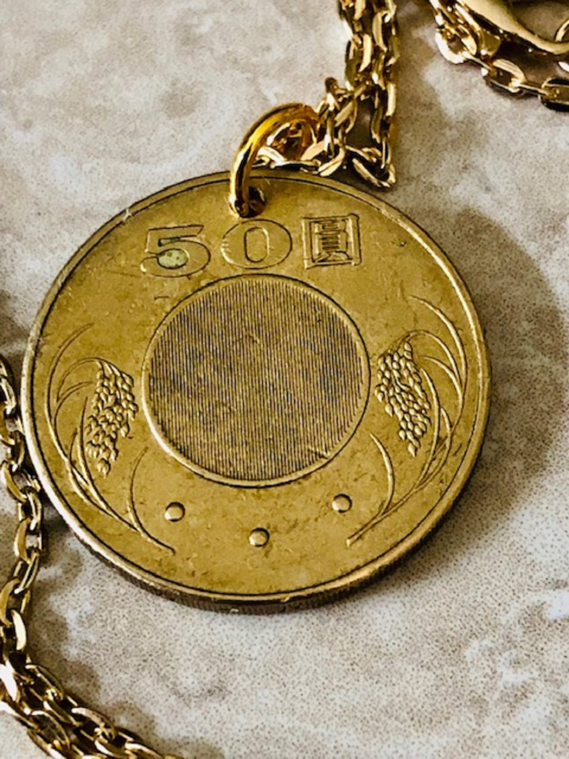 Japan Coin Necklace Hologram 50 Pendant Japanese Personal Old Vintage Handmade Jewelry Gift Friend Charm For Him Her World Coin Collector