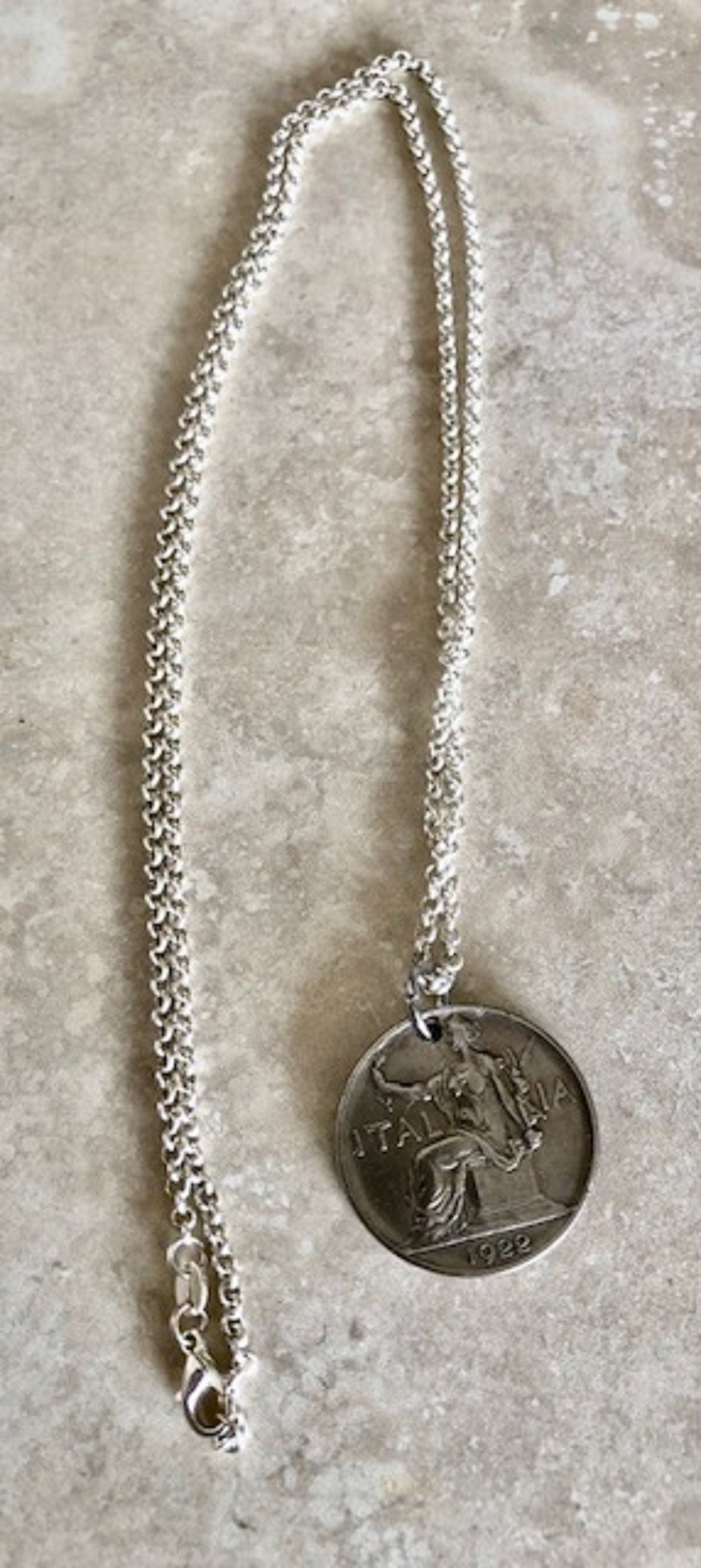 Italy Coin Necklace Italian 1922 Pendant 1 Lira BVONO, Necklace Jewelry Gift For Friend Coin Charm Gift For Him, Her, World Coins Collector