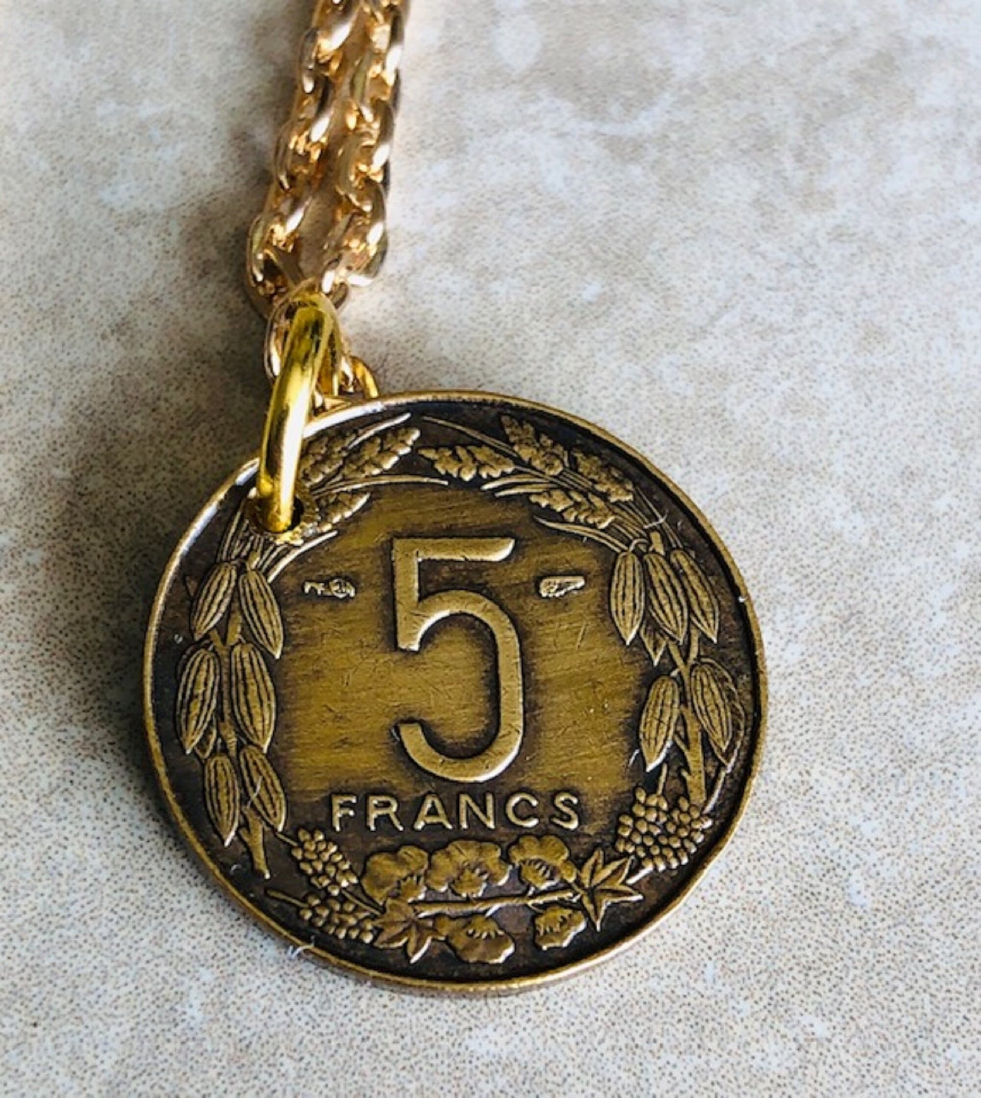 Cameroon Coin Necklace Cameroun Pendant 5 Francs Personal Old Vintage Handmade Jewelry Gift Friend Charm For Him Her World Coin Collector