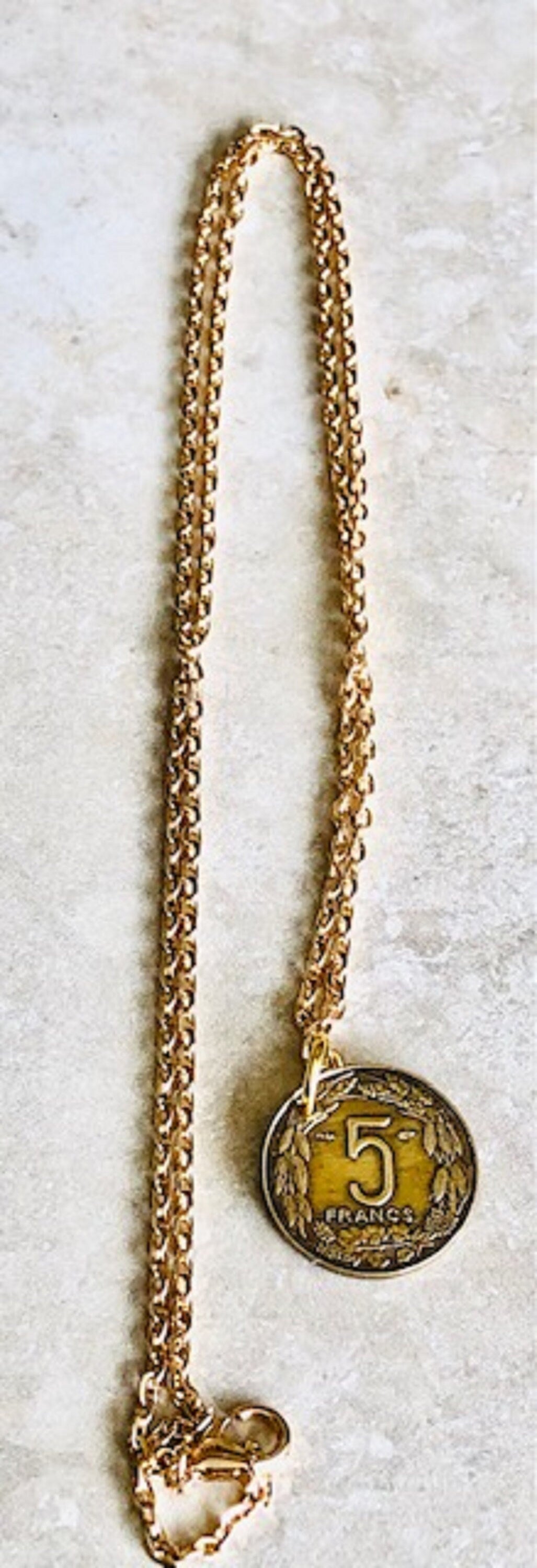 Cameroon Coin Necklace Cameroun Pendant 5 Francs Personal Old Vintage Handmade Jewelry Gift Friend Charm For Him Her World Coin Collector