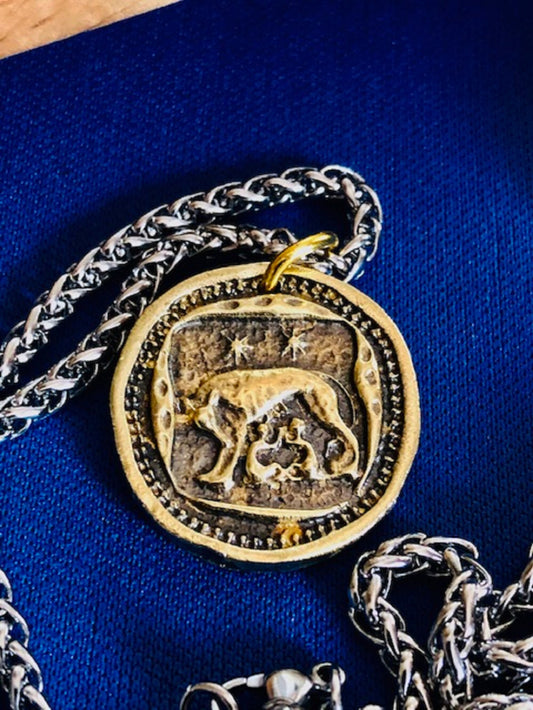 Wax Seal Antique Brass Rome Pendant - She Wolf Capitoline Suckling Wolves - Jewelry from an Antique Wax Seal - Charm Fascinations 121