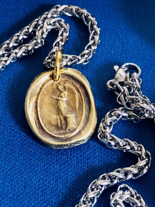 Antique Wax Seal Brass Pendant Necklace Guardian Angel - Trust Your Wings Pendant Necklace - Protection and Guidance Charm Fascination 135