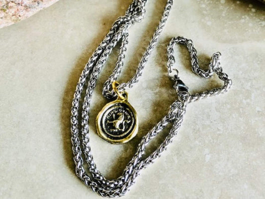 Brass Lion Wax Seal From Here I Rise Necklace Pendant - Courage, Nobility, Royalty, Strength, and Valor Jewelry From An Antique Charm 104