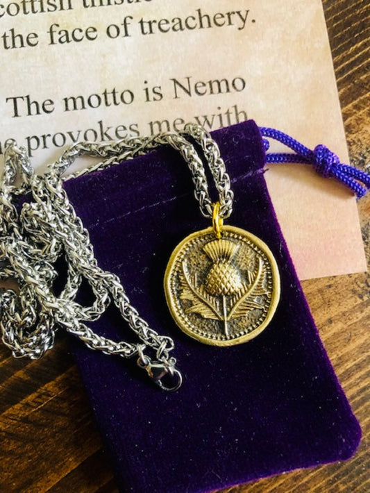Antique Wax Seal Brass Scottish Thistle Pendant Necklace, Bravery, Courage, Loyalty, Patience, Strength, Protection, Scotland Charm 139